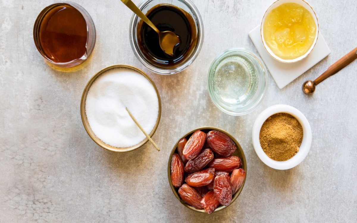 a selection of natural sweeteners and dates