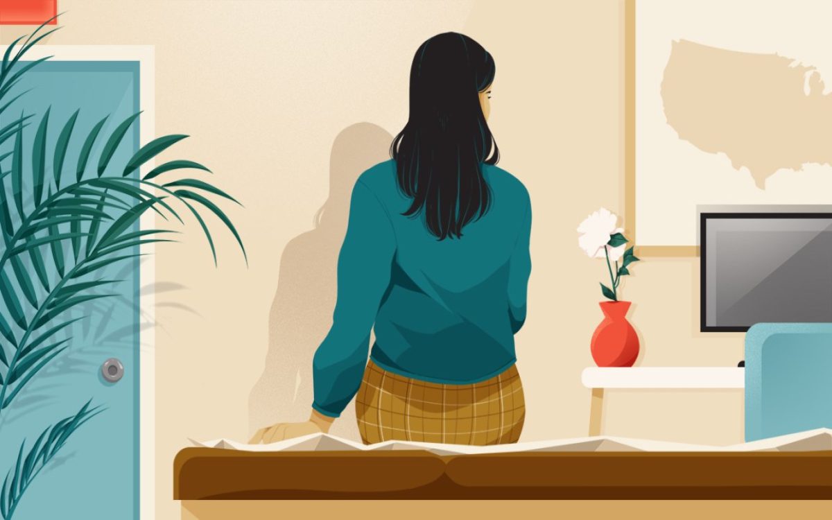 illustration of woman sitting on exam table in abortion clinic